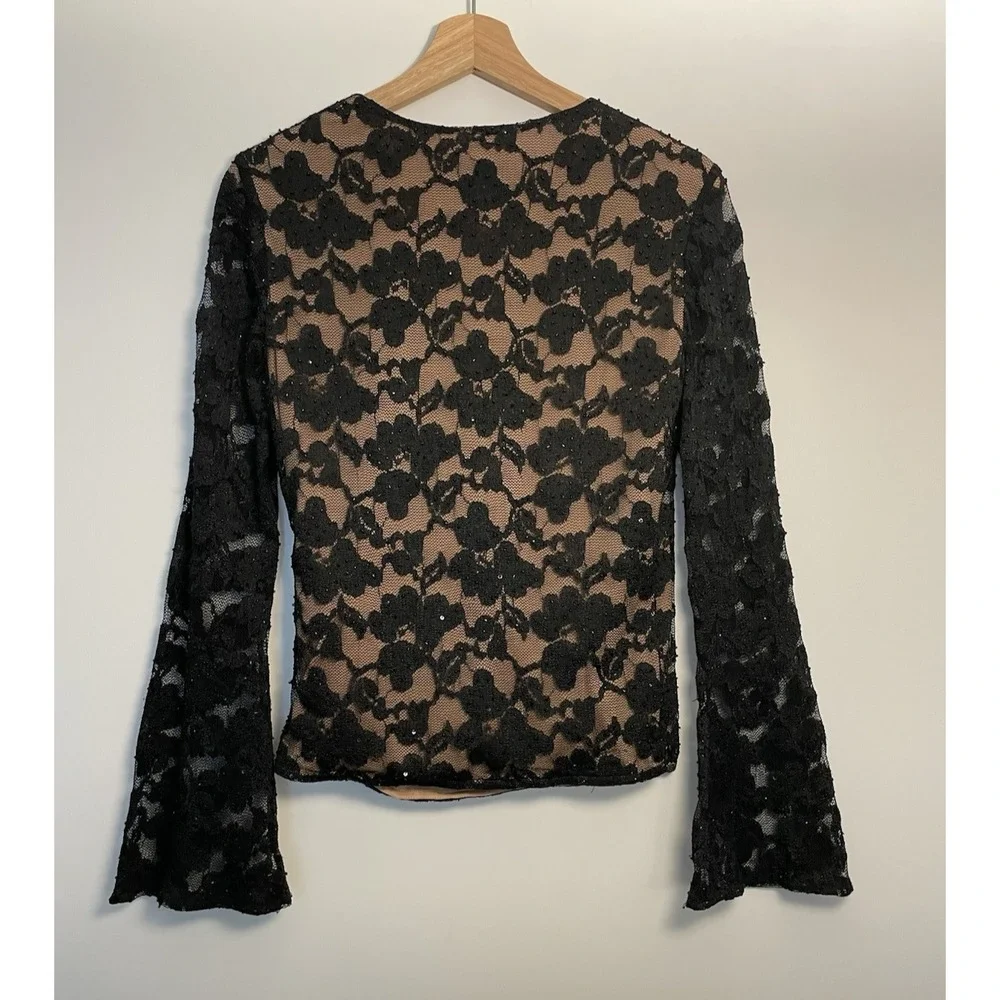 JS BOUTIQUE Lace Overlay Blouse M Sequins Faux-Wrap Mesh Top Evening Romantic - Picture 4 of 14